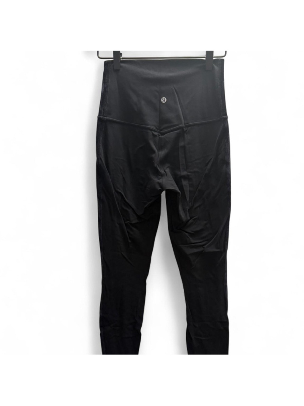Lululemon black high-waisted leggings with black velvet down both legs - Picture 2 of 4
